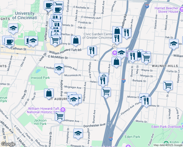 map of restaurants, bars, coffee shops, grocery stores, and more near 2350 Burnet Avenue in Cincinnati