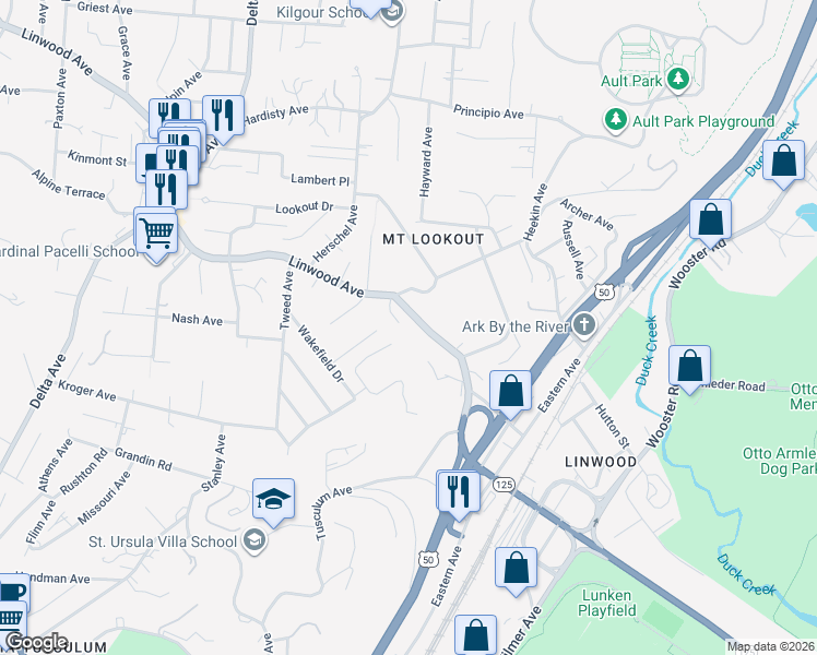 map of restaurants, bars, coffee shops, grocery stores, and more near 3519 Linwood Avenue in Cincinnati