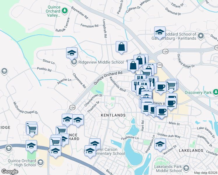map of restaurants, bars, coffee shops, grocery stores, and more near 104 Kendrick Place in Gaithersburg