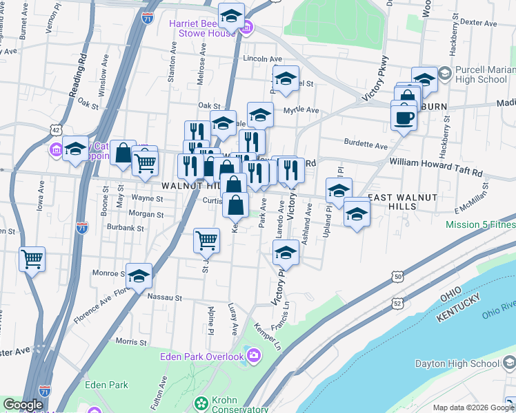 map of restaurants, bars, coffee shops, grocery stores, and more near 2356 Park Avenue in Cincinnati