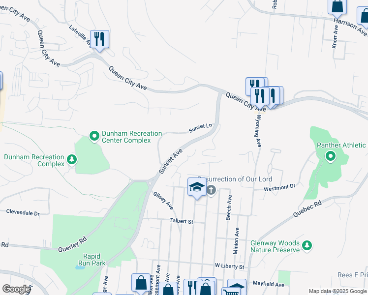 map of restaurants, bars, coffee shops, grocery stores, and more near 1852 Sunset Avenue in Cincinnati