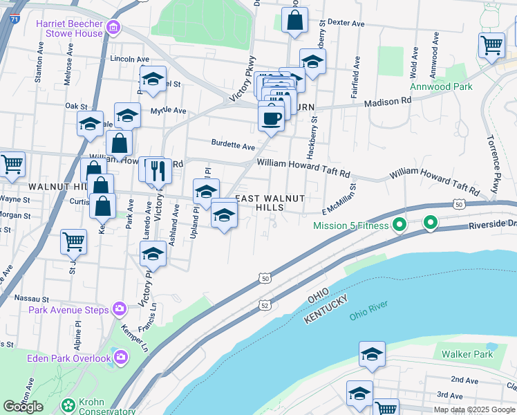map of restaurants, bars, coffee shops, grocery stores, and more near E McMillan St & Salutaris Ave in Cincinnati