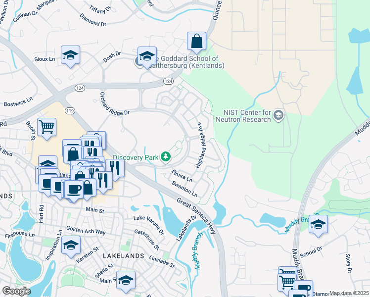 map of restaurants, bars, coffee shops, grocery stores, and more near 664 Orchard Ridge Drive in Gaithersburg