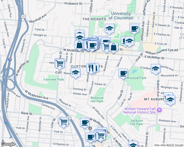 map of restaurants, bars, coffee shops, grocery stores, and more near 2337 West Clifton Avenue in Cincinnati