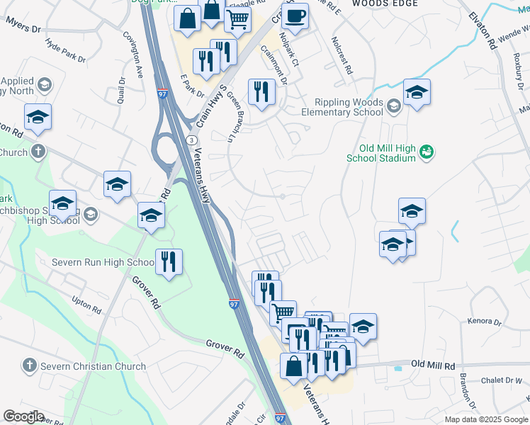 map of restaurants, bars, coffee shops, grocery stores, and more near 622 Sprite Way in Glen Burnie