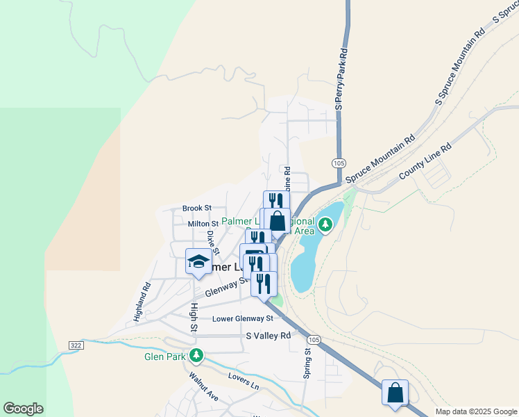 map of restaurants, bars, coffee shops, grocery stores, and more near 319 Larkspur Street in Palmer Lake