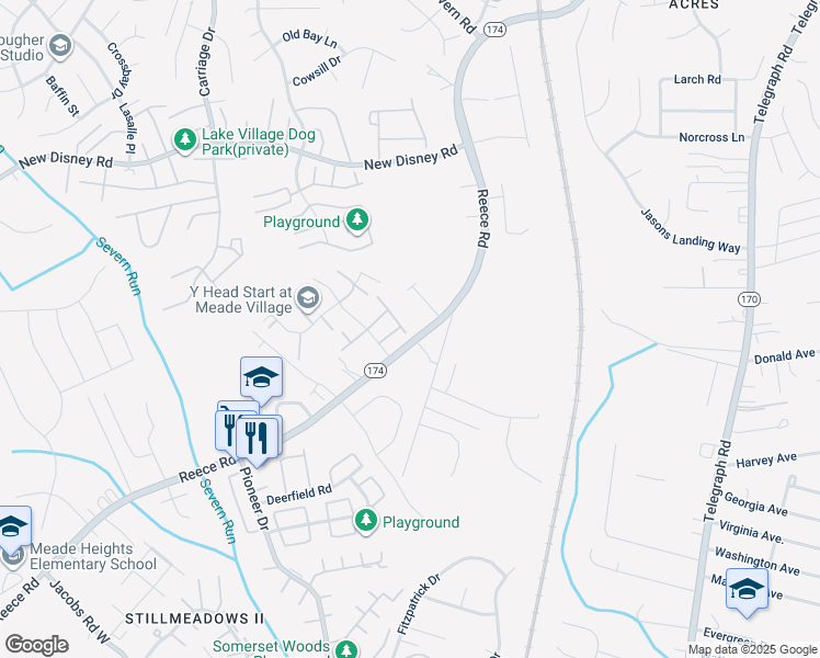 map of restaurants, bars, coffee shops, grocery stores, and more near 8089 Brookstone Court in Severn
