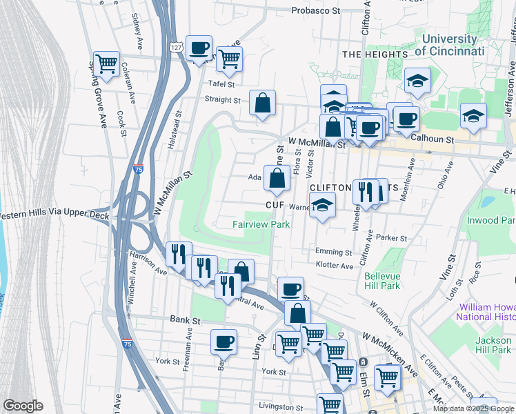 map of restaurants, bars, coffee shops, grocery stores, and more near in Cincinnati