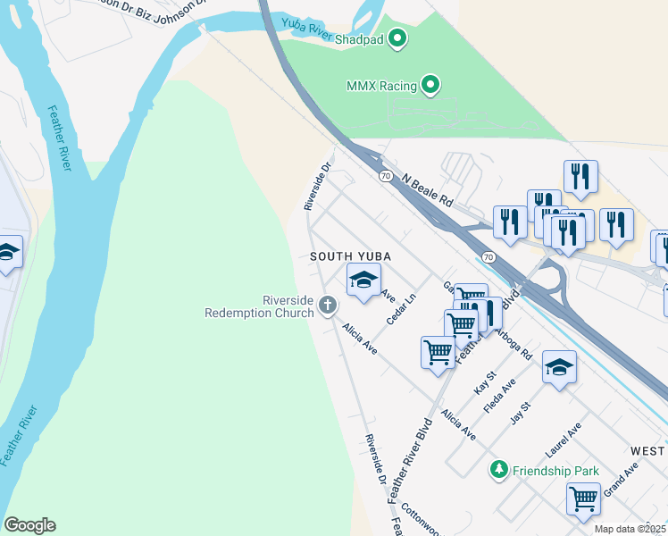 map of restaurants, bars, coffee shops, grocery stores, and more near 793 Almond Avenue in Olivehurst