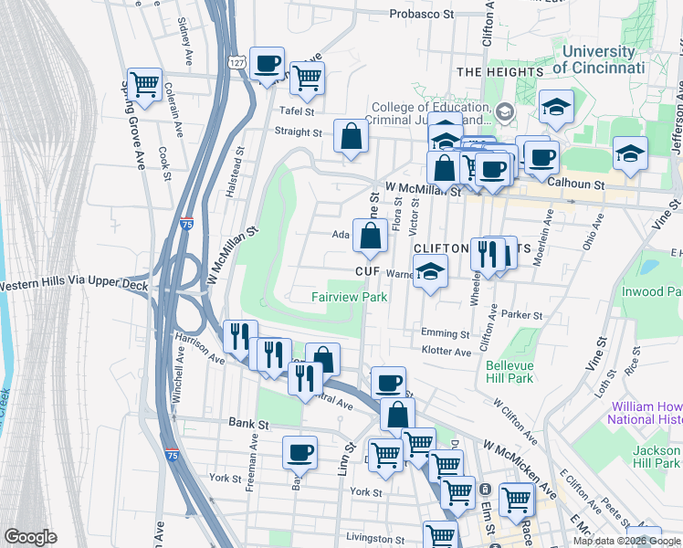 map of restaurants, bars, coffee shops, grocery stores, and more near in Cincinnati