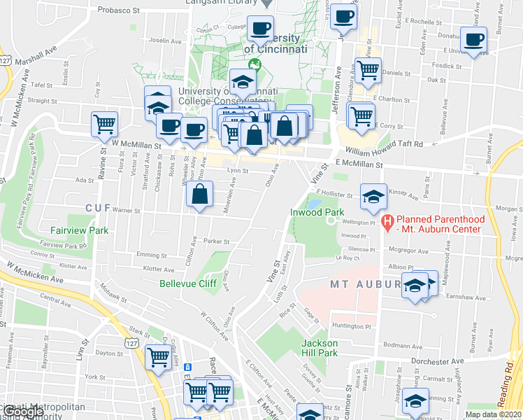 map of restaurants, bars, coffee shops, grocery stores, and more near 2330 Ohio Avenue in Cincinnati