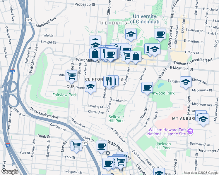map of restaurants, bars, coffee shops, grocery stores, and more near 2250 Wheeler Street in Cincinnati