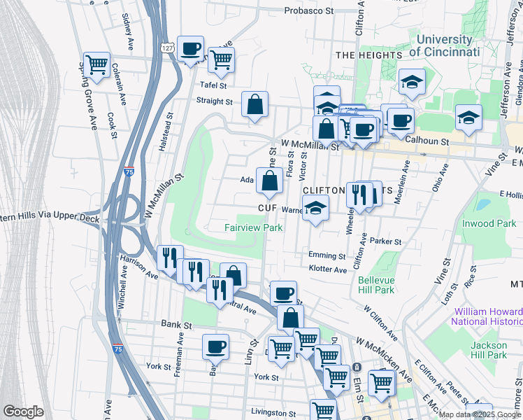 map of restaurants, bars, coffee shops, grocery stores, and more near in Cincinnati
