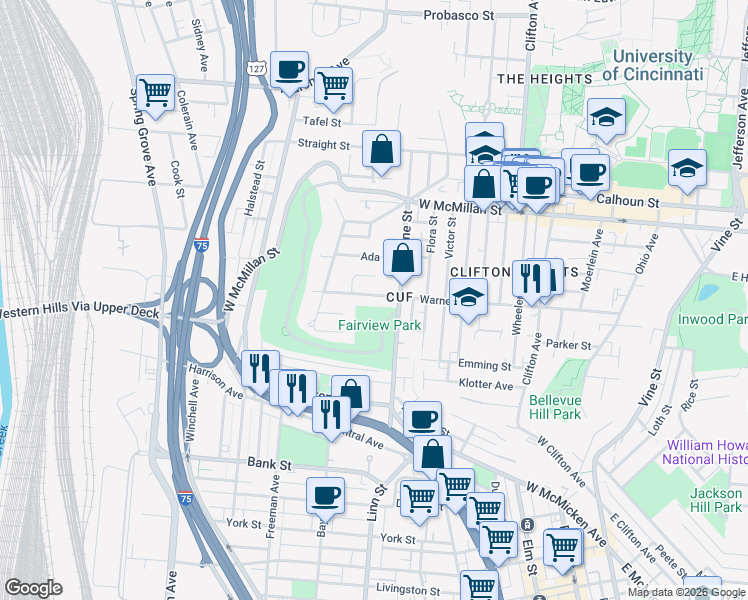 map of restaurants, bars, coffee shops, grocery stores, and more near in Cincinnati