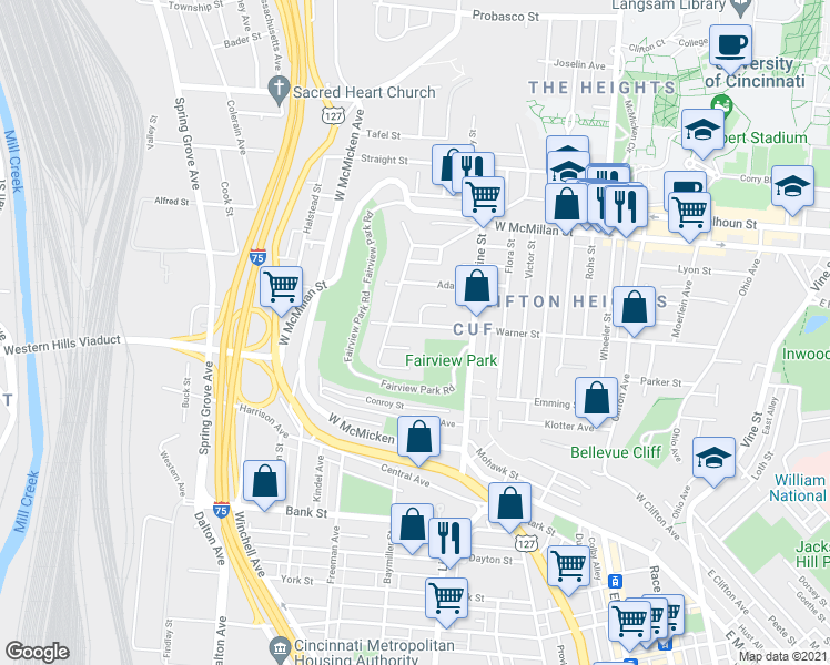 map of restaurants, bars, coffee shops, grocery stores, and more near 449 Lloyd Place in Cincinnati