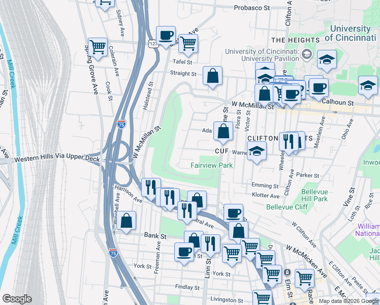 map of restaurants, bars, coffee shops, grocery stores, and more near 449 Lloyd Place in Cincinnati