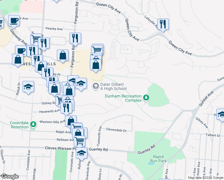 map of restaurants, bars, coffee shops, grocery stores, and more near 1898 Ashbrook Drive in Cincinnati