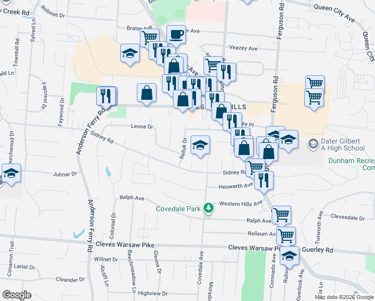 map of restaurants, bars, coffee shops, grocery stores, and more near 5213 Relluk Drive in Cincinnati