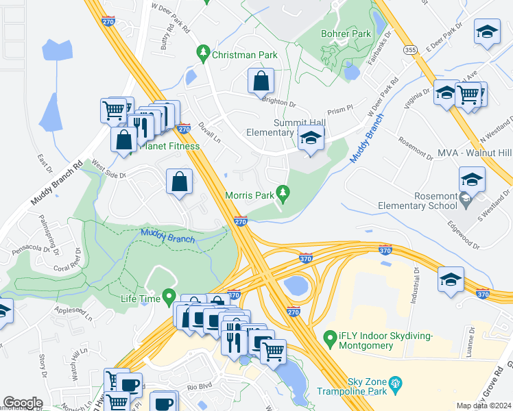 map of restaurants, bars, coffee shops, grocery stores, and more near 79 Bralan Court in Gaithersburg