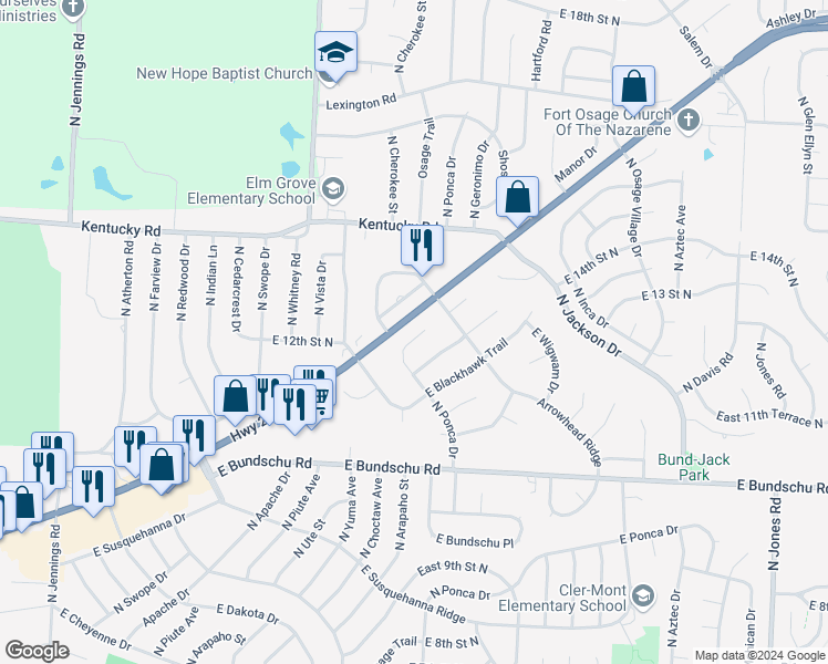 map of restaurants, bars, coffee shops, grocery stores, and more near 1216 North Ponca Drive in Independence