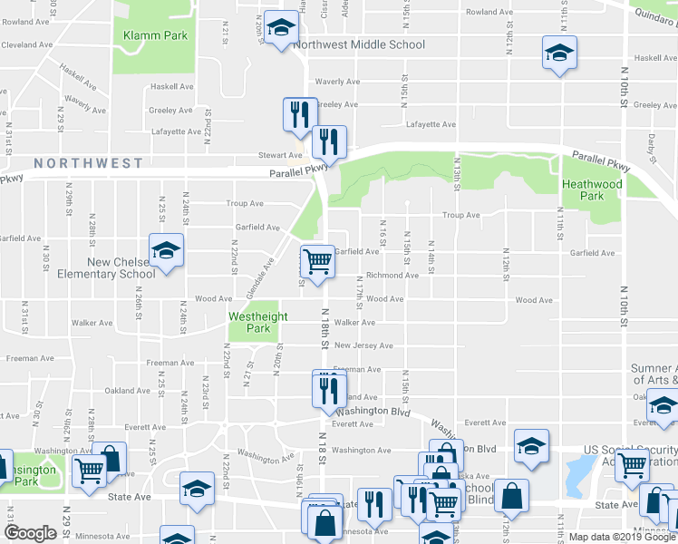 map of restaurants, bars, coffee shops, grocery stores, and more near 1720 Richmond Avenue in Kansas City