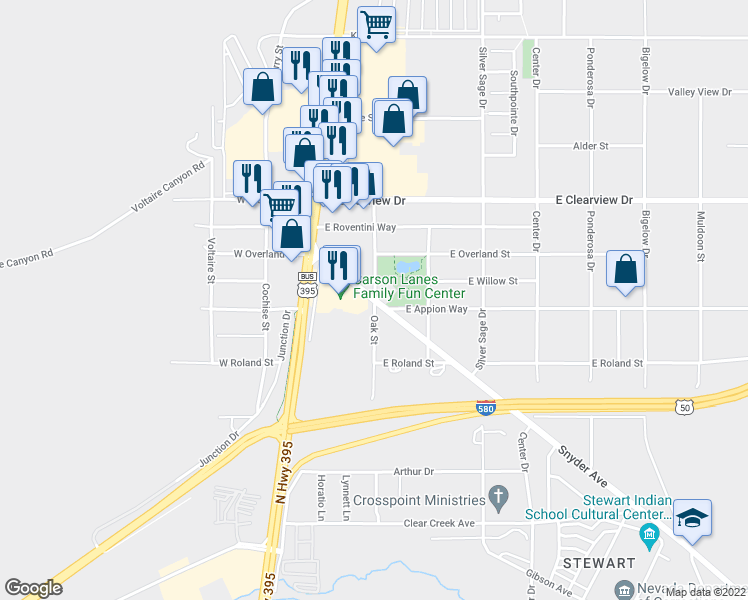 map of restaurants, bars, coffee shops, grocery stores, and more near 4652 Oak Street in Carson City