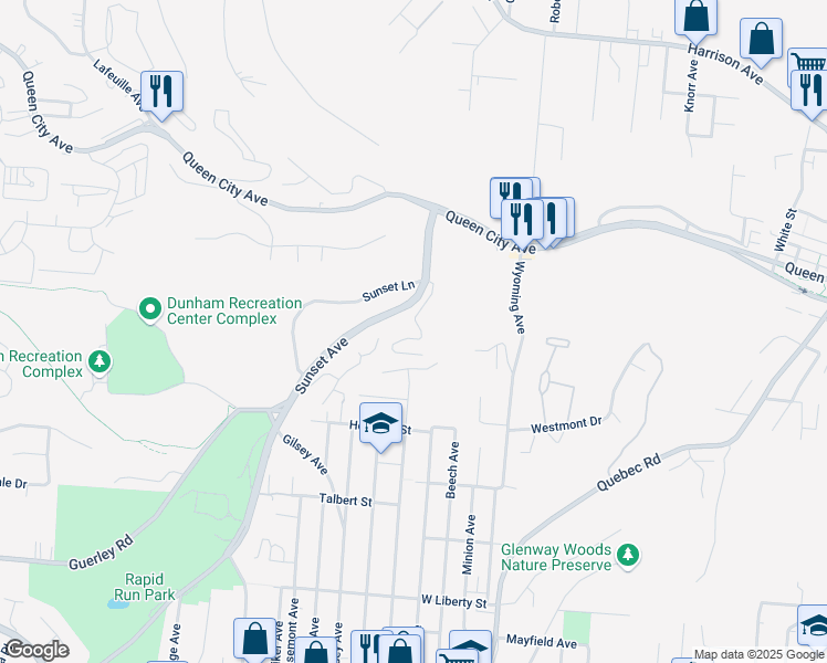 map of restaurants, bars, coffee shops, grocery stores, and more near 1870 Sunset Avenue in Cincinnati