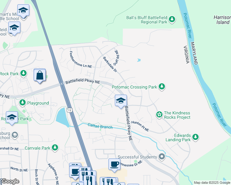 map of restaurants, bars, coffee shops, grocery stores, and more near 804 Ferndale Terrace Northeast in Leesburg