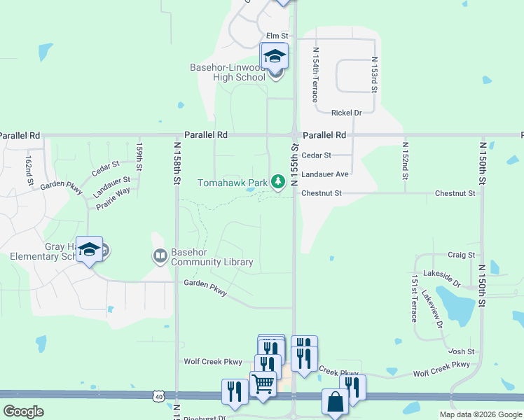 map of restaurants, bars, coffee shops, grocery stores, and more near 1702 155th Street in Basehor
