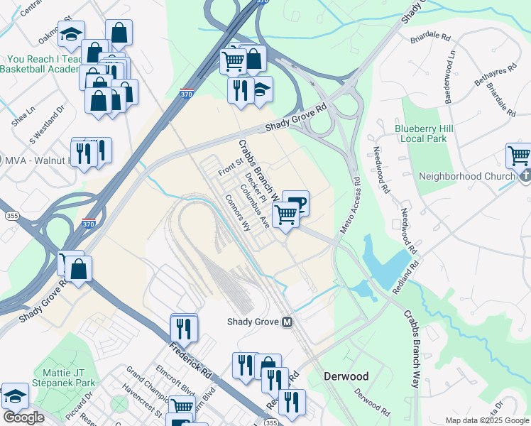 map of restaurants, bars, coffee shops, grocery stores, and more near 16151 Columbus Avenue in Derwood