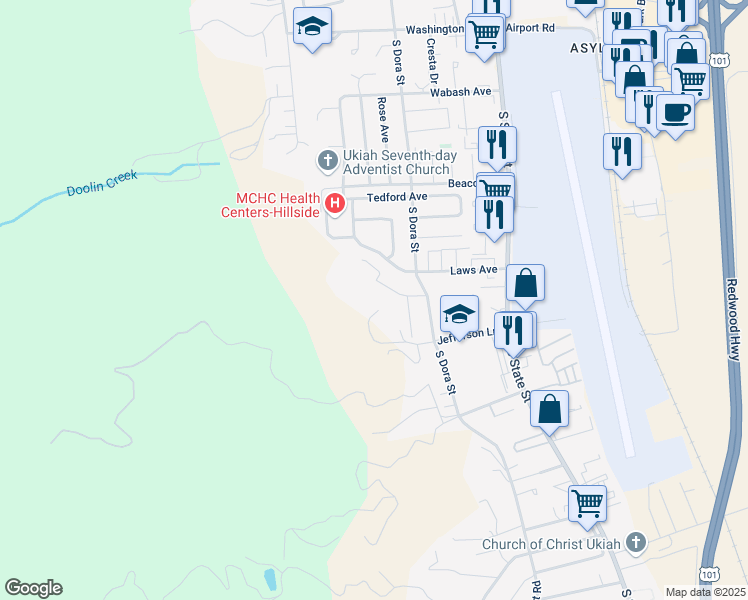 map of restaurants, bars, coffee shops, grocery stores, and more near 380 Jefferson Lane in Ukiah