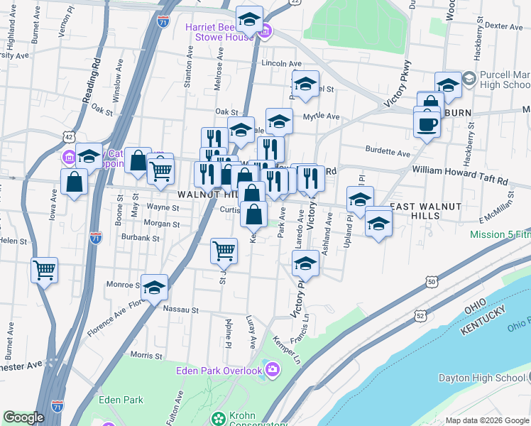 map of restaurants, bars, coffee shops, grocery stores, and more near 2366 Kemper Lane in Cincinnati