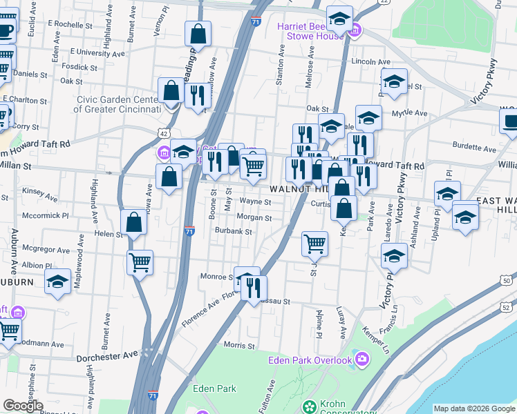 map of restaurants, bars, coffee shops, grocery stores, and more near 2365 Concord Street in Cincinnati