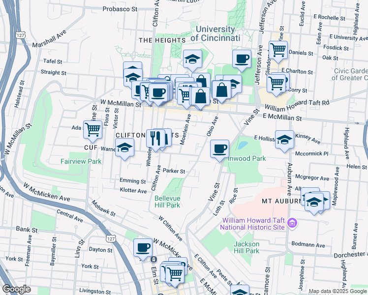map of restaurants, bars, coffee shops, grocery stores, and more near 137 Warner Street in Cincinnati
