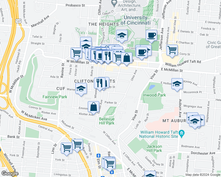 map of restaurants, bars, coffee shops, grocery stores, and more near 169 Warner Street in Cincinnati