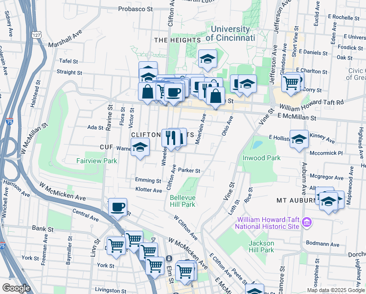 map of restaurants, bars, coffee shops, grocery stores, and more near 169 Warner Street in Cincinnati