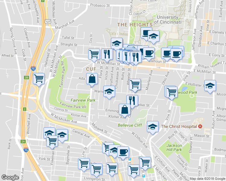 map of restaurants, bars, coffee shops, grocery stores, and more near 231 Warner Street in Cincinnati