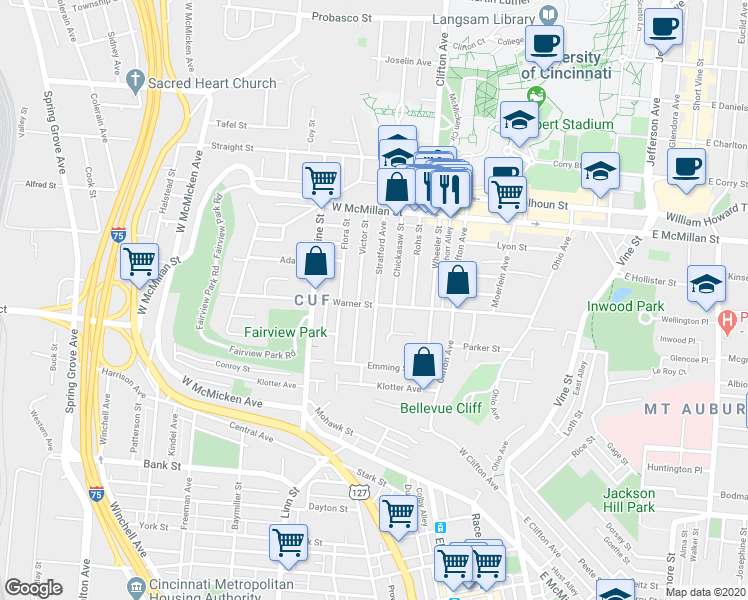 map of restaurants, bars, coffee shops, grocery stores, and more near in Cincinnati