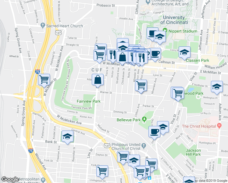 map of restaurants, bars, coffee shops, grocery stores, and more near 2245 Stratford Avenue in Cincinnati