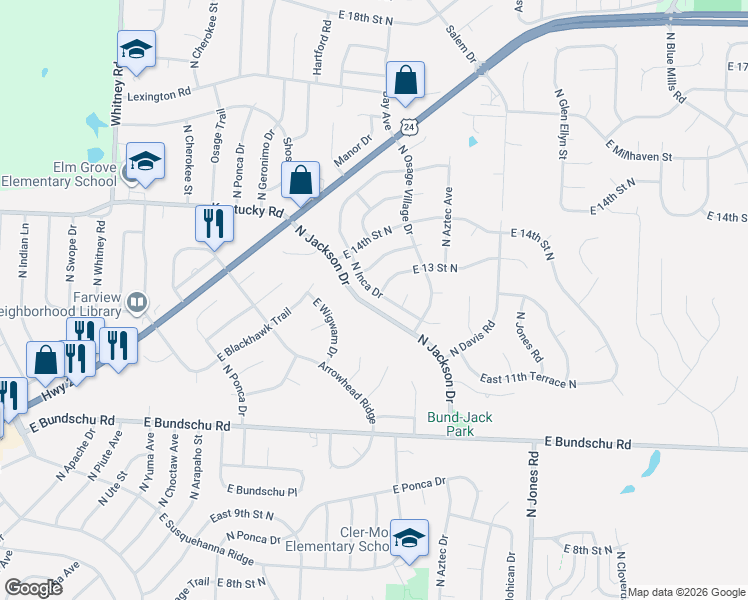 map of restaurants, bars, coffee shops, grocery stores, and more near 1221 North Inca Drive in Independence