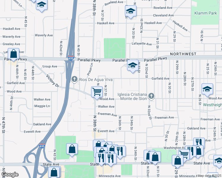 map of restaurants, bars, coffee shops, grocery stores, and more near 1834 North 36th Street in Kansas City