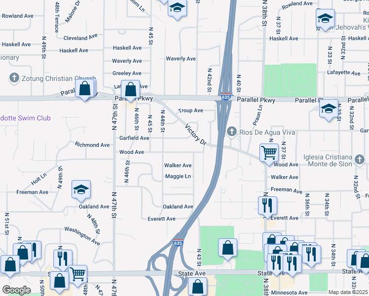 map of restaurants, bars, coffee shops, grocery stores, and more near 4307 Wood Avenue in Kansas City