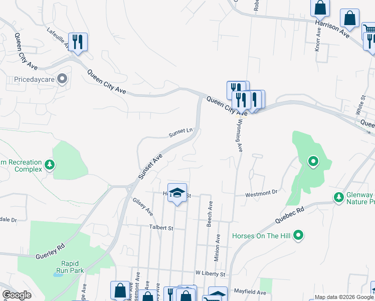 map of restaurants, bars, coffee shops, grocery stores, and more near 1870 Sunset Avenue in Cincinnati