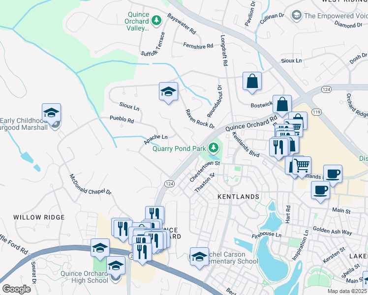 map of restaurants, bars, coffee shops, grocery stores, and more near 12004 Cheyenne Road in Gaithersburg