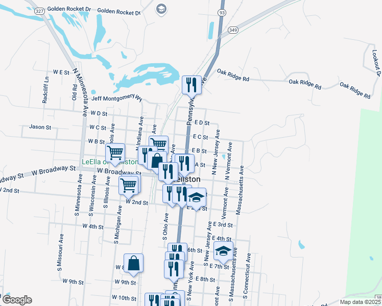 map of restaurants, bars, coffee shops, grocery stores, and more near 103 Pennsylvania Avenue in Wellston