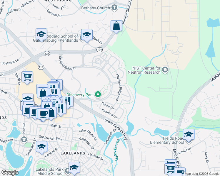 map of restaurants, bars, coffee shops, grocery stores, and more near 648 Orchard Ridge Drive in Gaithersburg