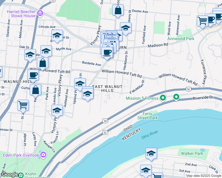 map of restaurants, bars, coffee shops, grocery stores, and more near 1514 East McMillan Street in Cincinnati