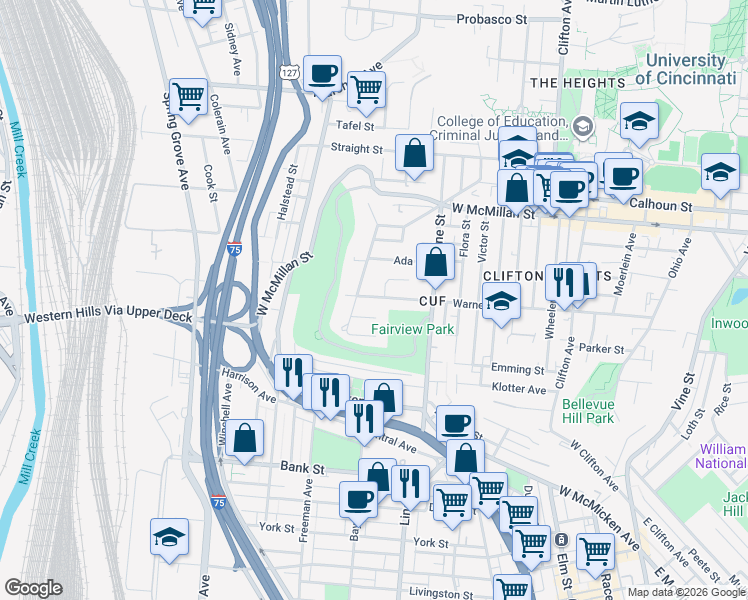 map of restaurants, bars, coffee shops, grocery stores, and more near 449 Lloyd Place in Cincinnati