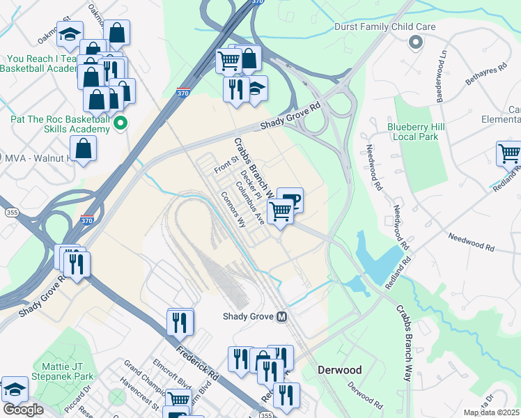 map of restaurants, bars, coffee shops, grocery stores, and more near 16155 Columbus Avenue in Derwood