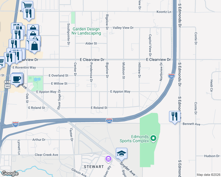map of restaurants, bars, coffee shops, grocery stores, and more near 1123 East Appion Way in Carson City